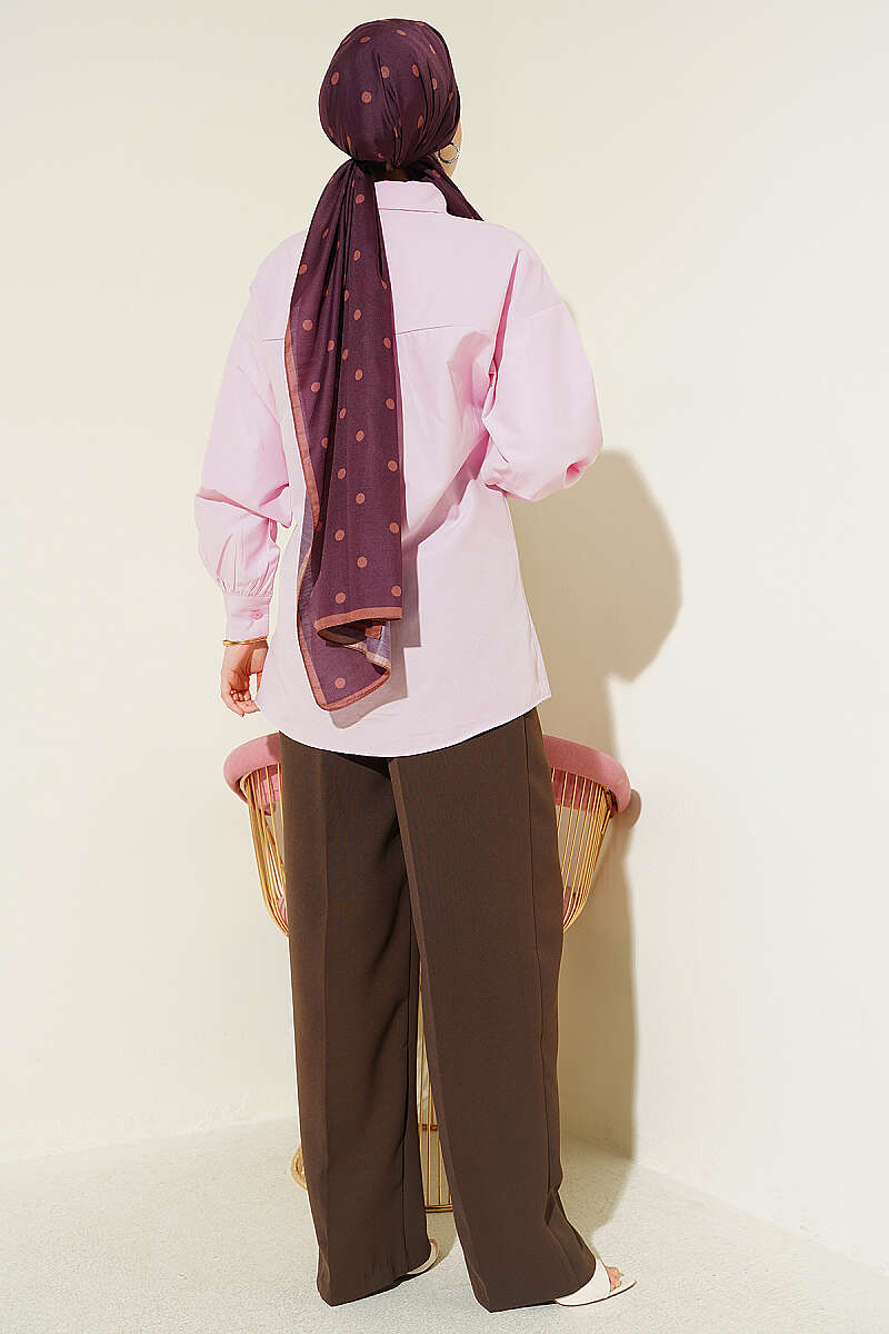 Concealed-Button Shirt with Stone Brooch - Pink