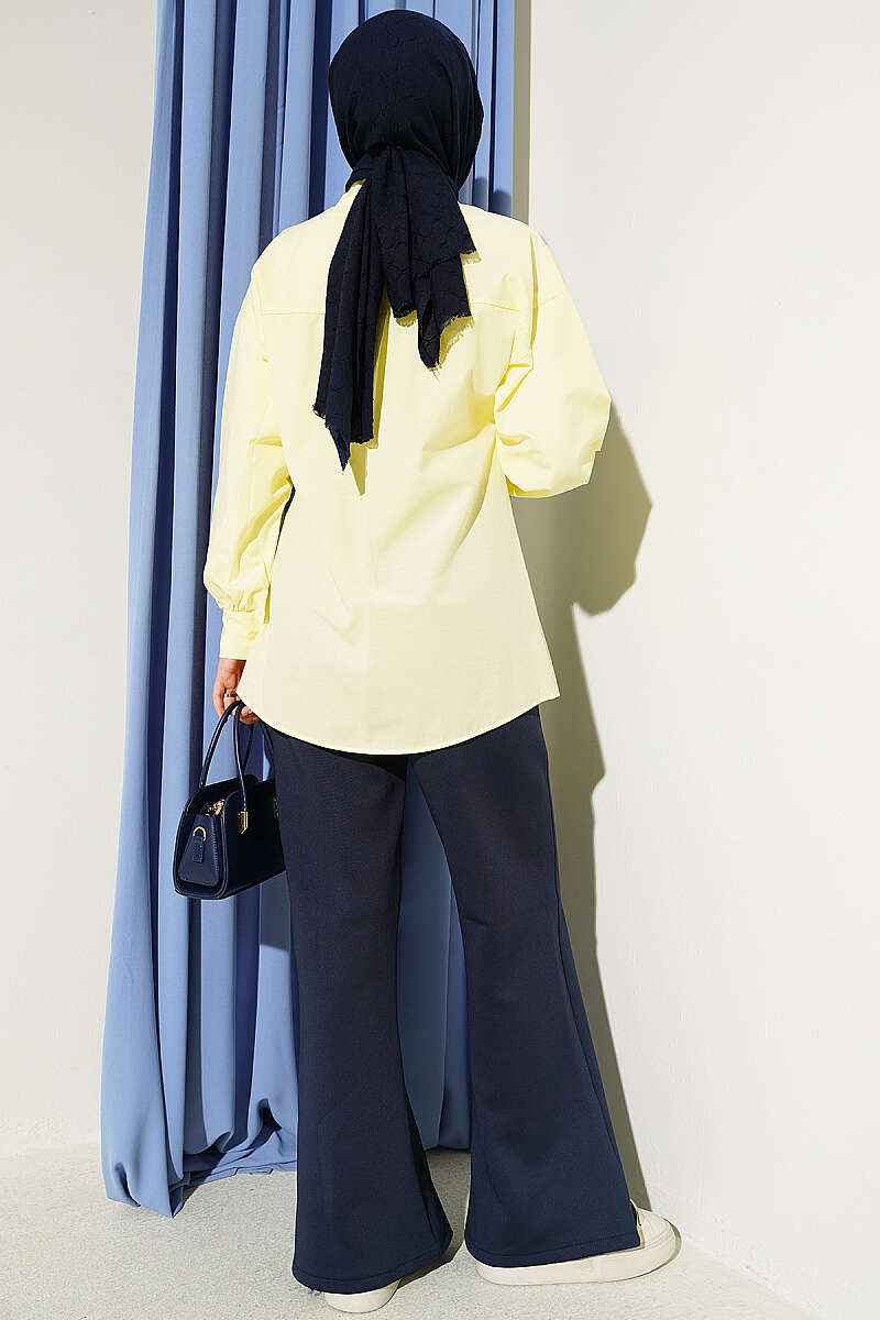 Concealed-Button Shirt with Stone Brooch - Yellow