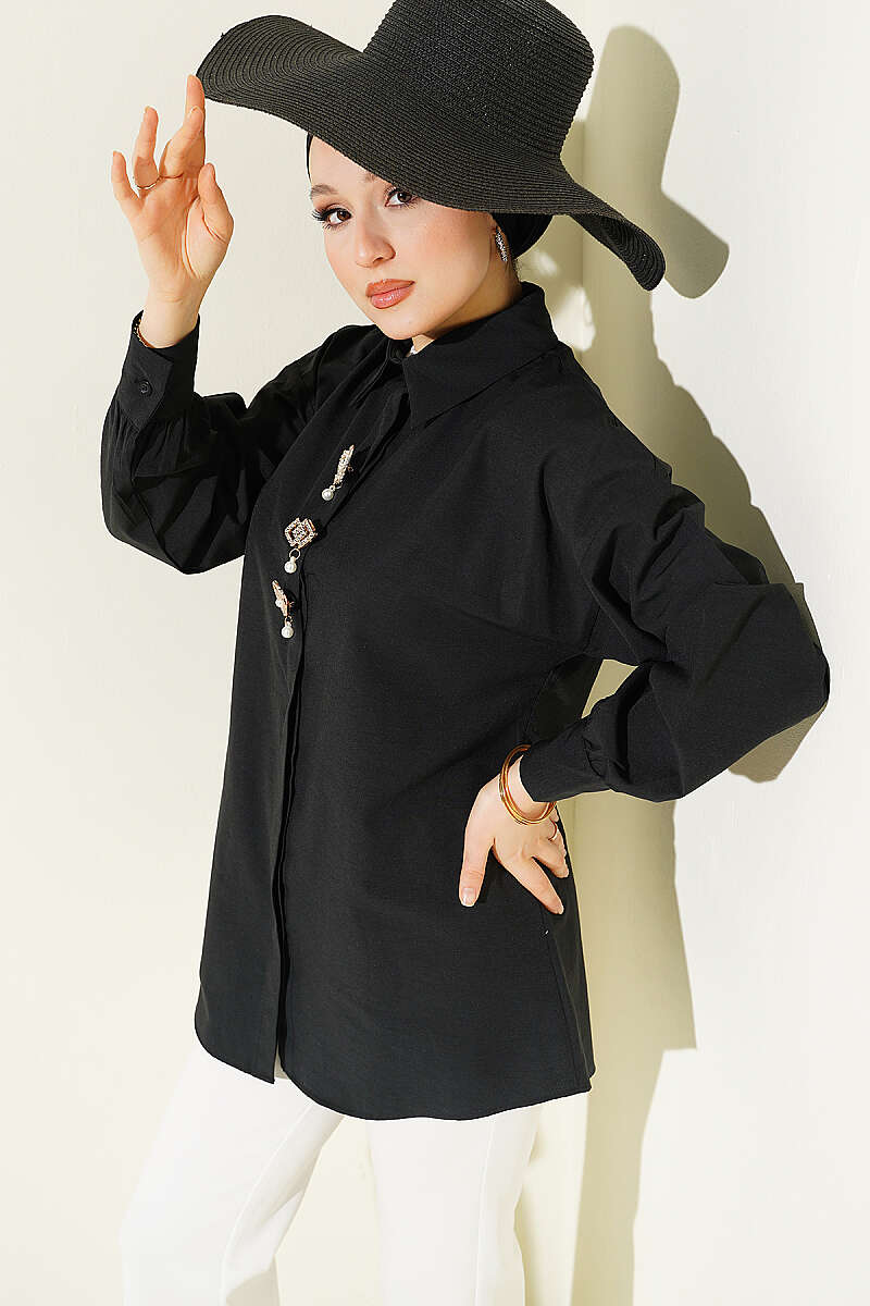 Concealed-Button Shirt with Stone Brooch - Black