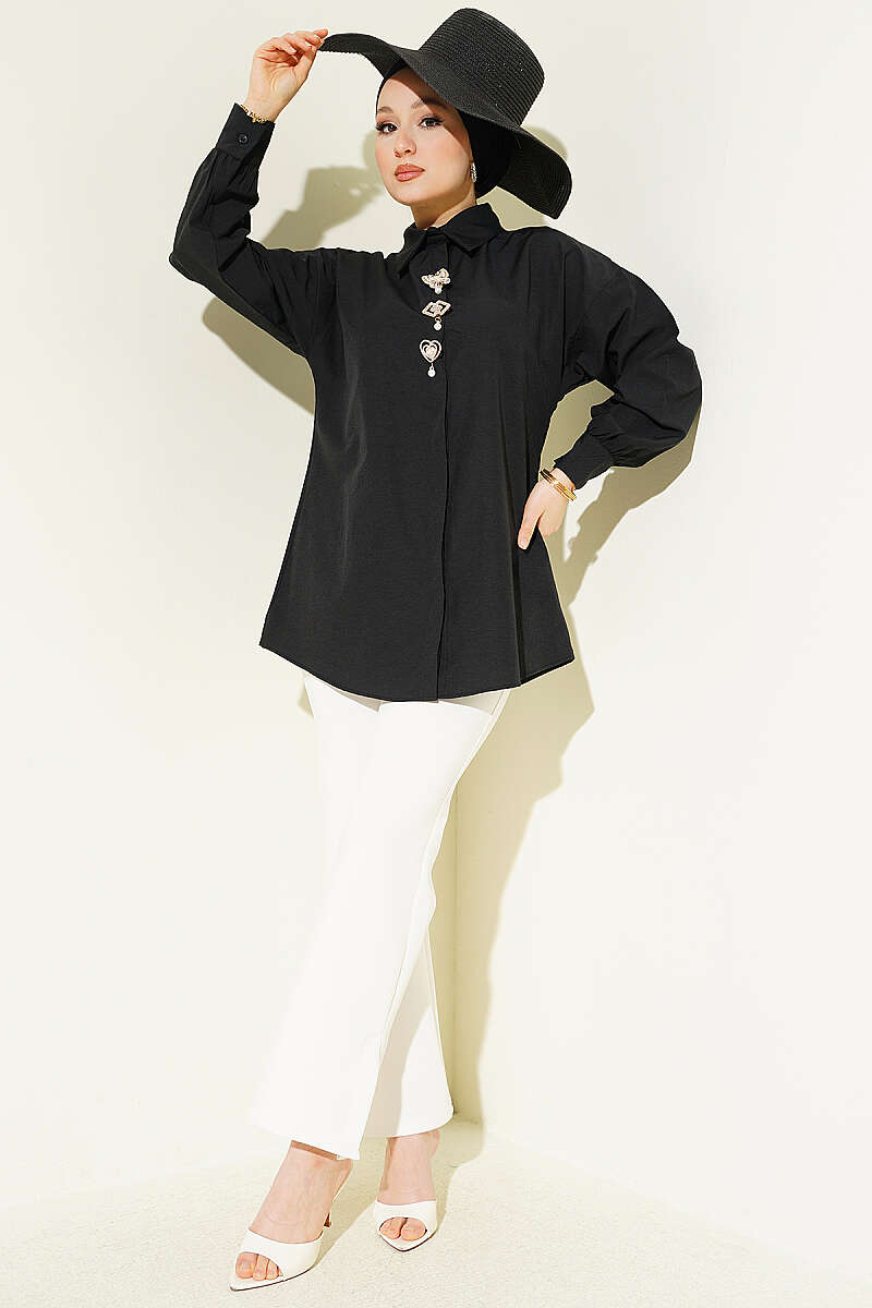 Concealed-Button Shirt with Stone Brooch - Black