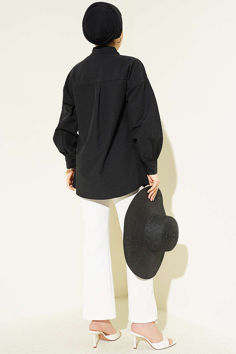 Concealed-Button Shirt with Stone Brooch - Black
