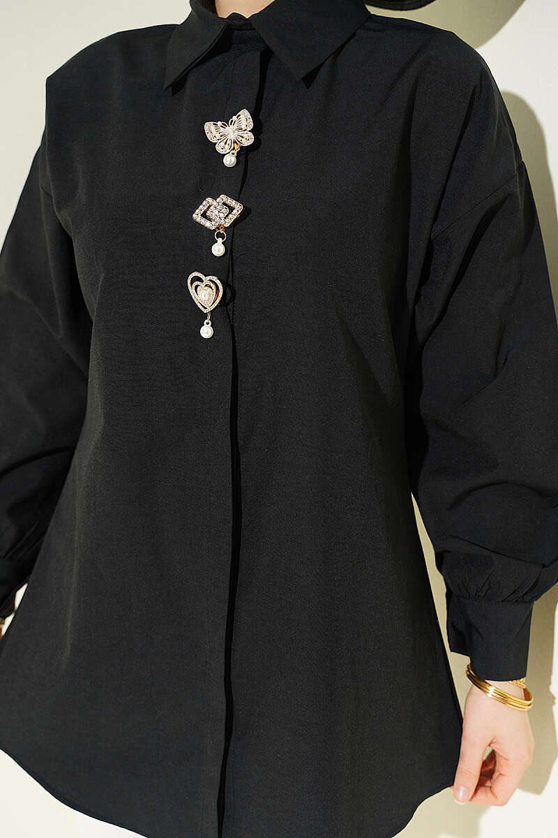 Concealed-Button Shirt with Stone Brooch - Black