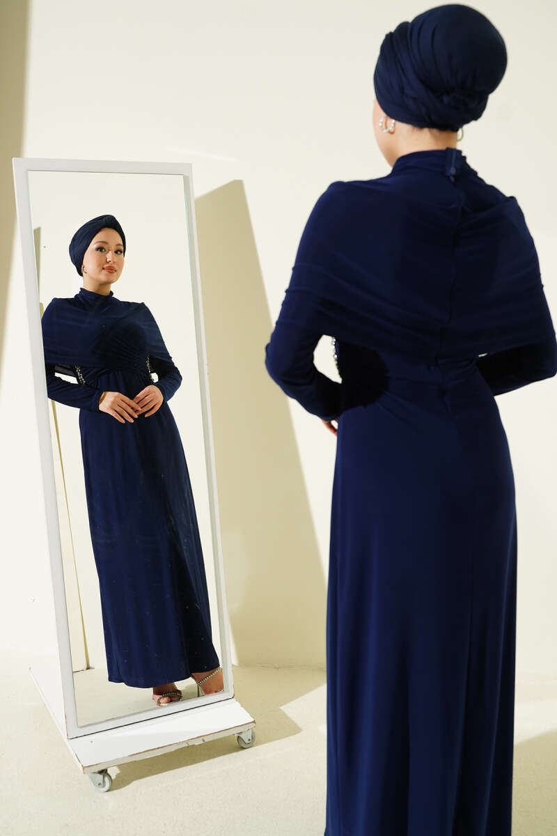 Sandy Evening Dress with Stone Cross Collar - Navy