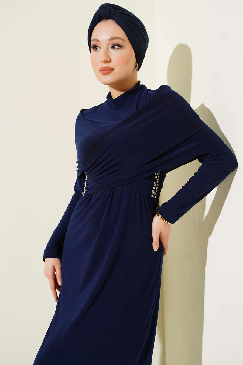Sandy Evening Dress with Stone Cross Collar - Navy