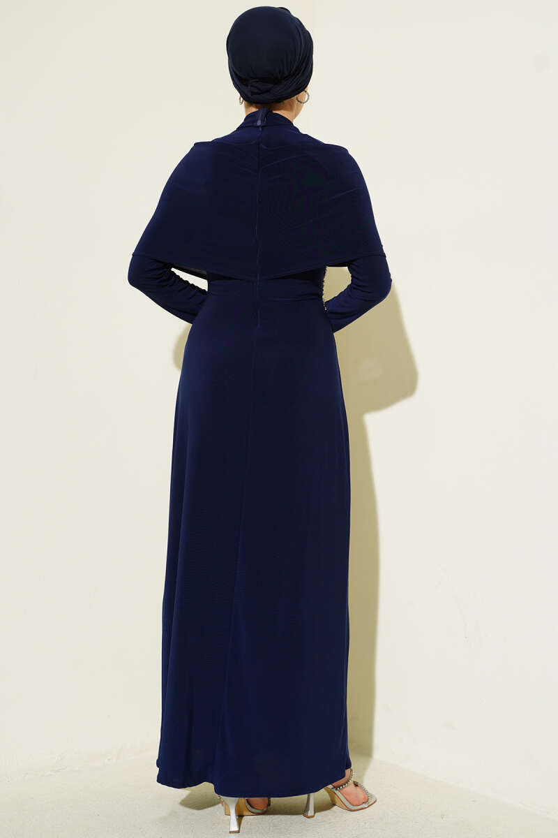 Sandy Evening Dress with Stone Cross Collar - Navy