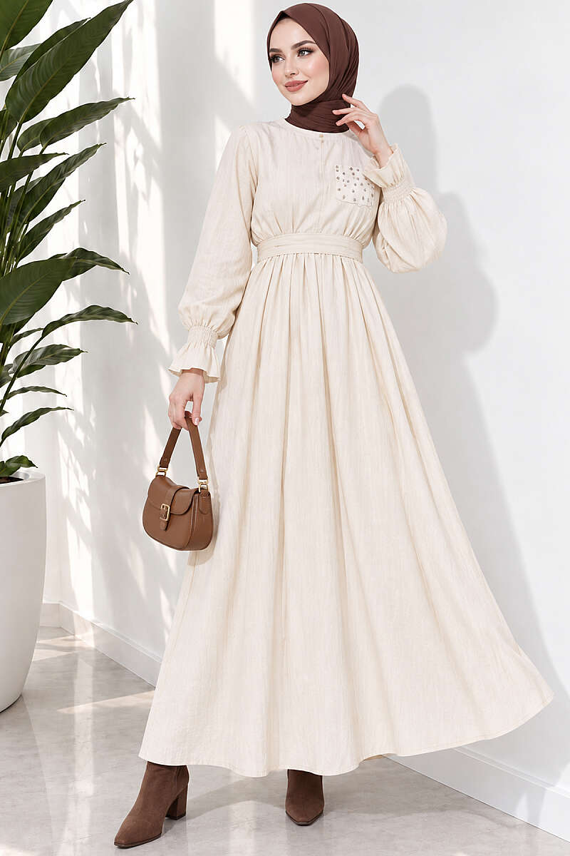 Lace Pocket Dress with Stones and Elastic Waist - Beige