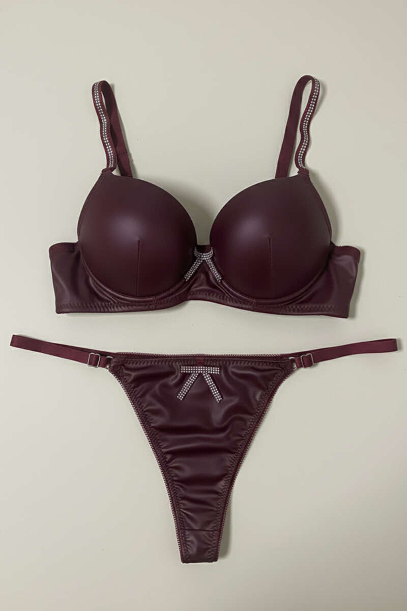 Underwired Bra Set with Stones and Faux Leather Trim - Burgundy