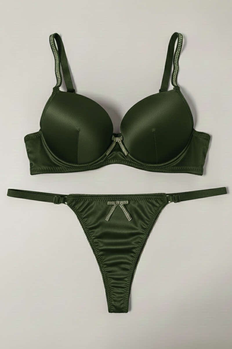 Underwired Bra Set with Stones and Faux Leather Trim - Khaki