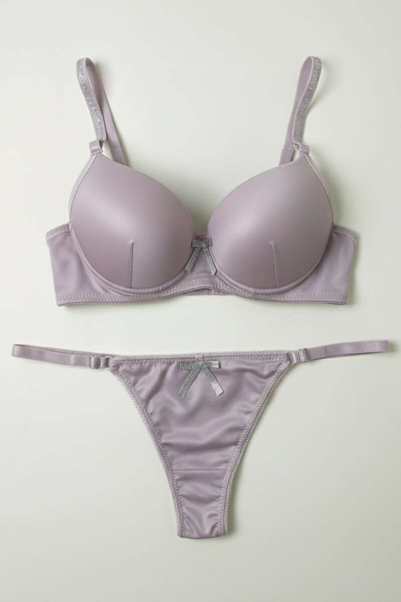 Underwired Bra Set with Stones and Faux Leather Trim - Powder