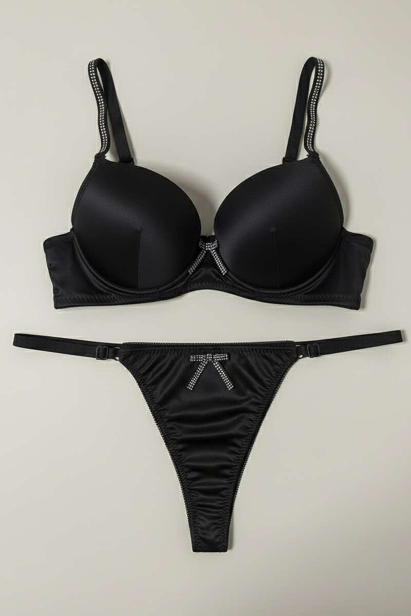Underwired Bra Set with Stones and Faux Leather Trim - Black