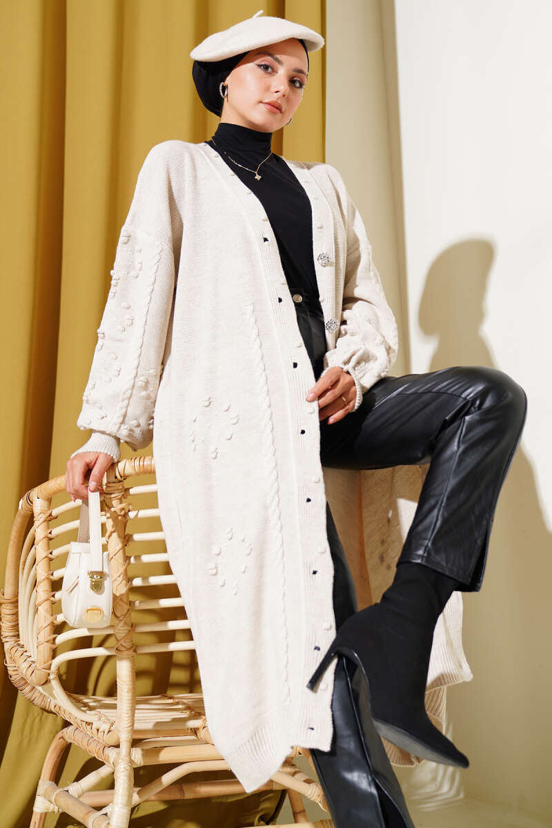 Knit Cardigan with Stone Buttons - Beige