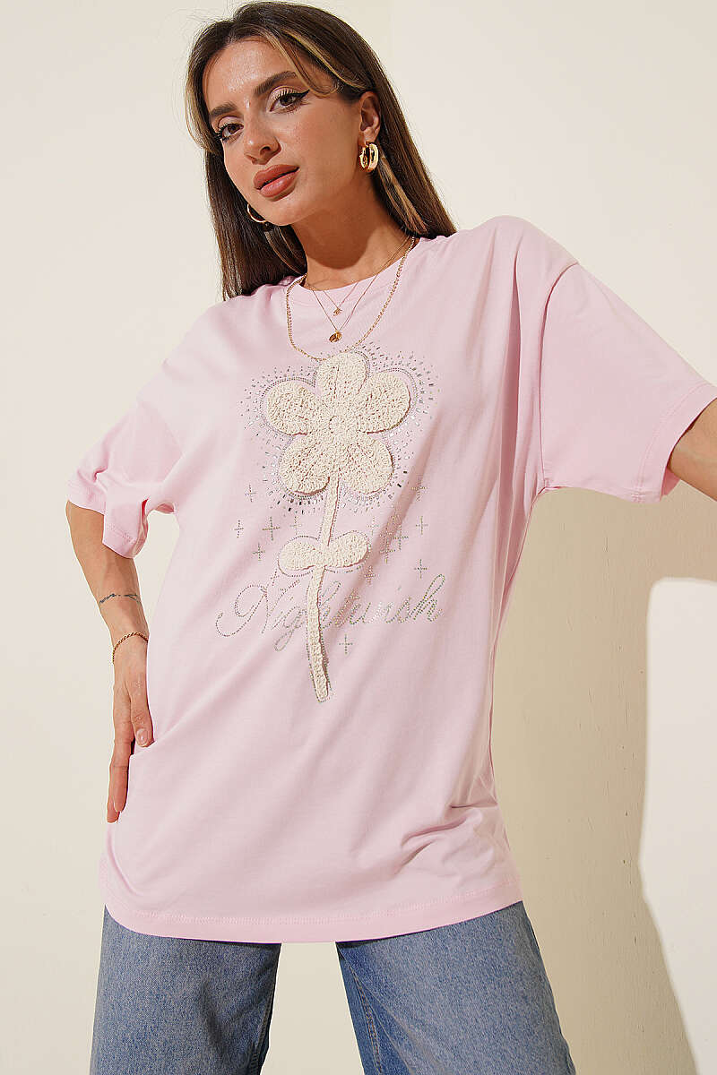 Guipure Floral T-Shirt with Stones - Pink