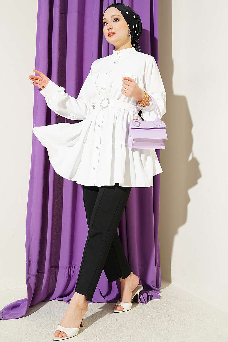 Tiered Shirt with Stone Belt Buckle - White