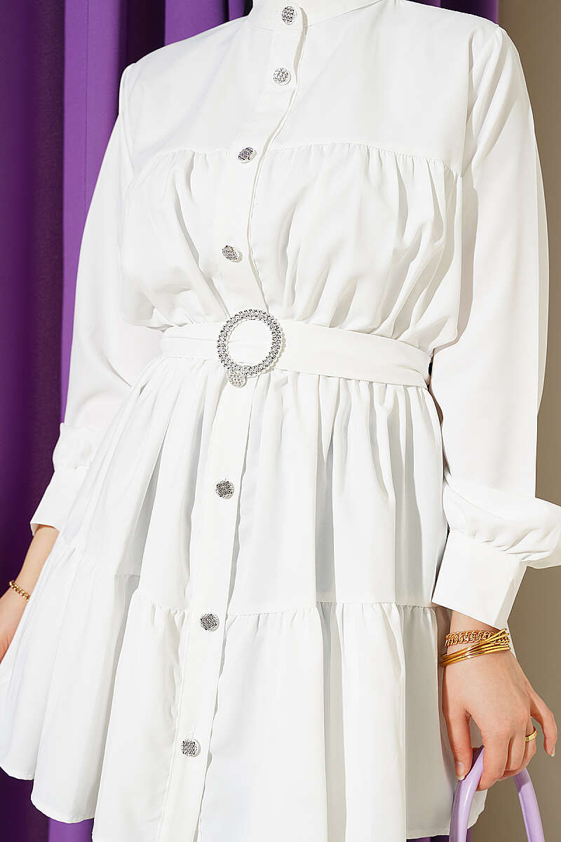Tiered Shirt with Stone Belt Buckle - White