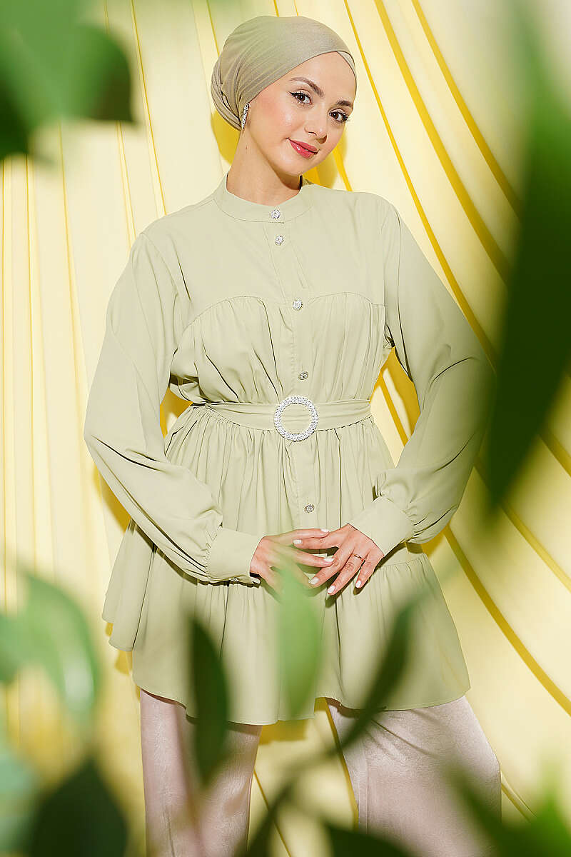 Tiered Shirt with Stone Belt Buckle - Almond Green