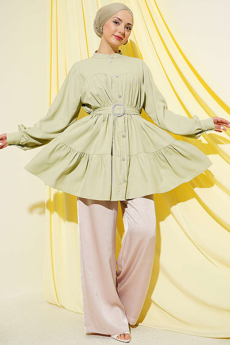 Tiered Shirt with Stone Belt Buckle - Almond Green