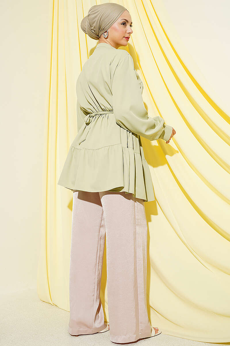 Tiered Shirt with Stone Belt Buckle - Almond Green