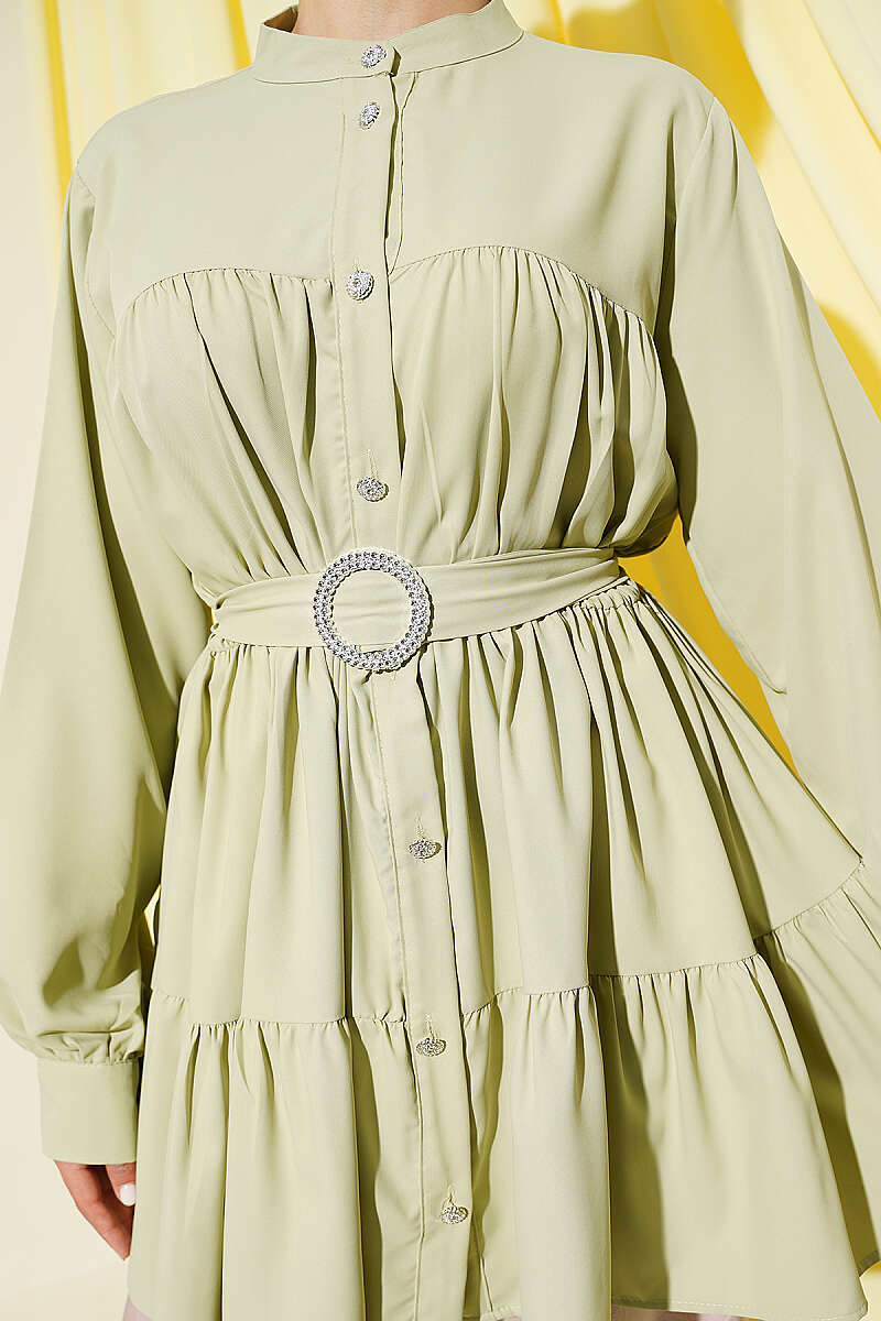 Tiered Shirt with Stone Belt Buckle - Almond Green
