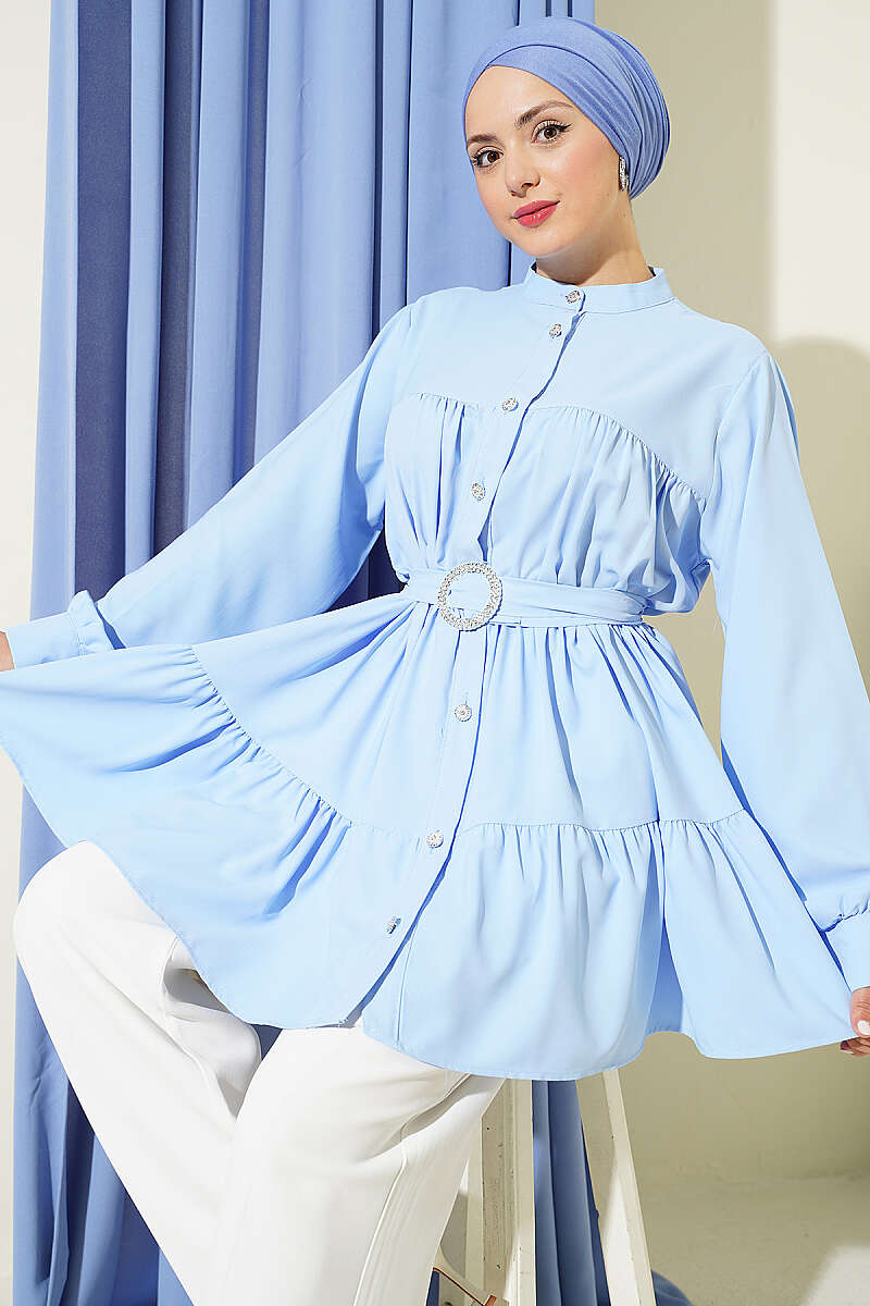 Tiered Shirt with Stone Belt Buckle - Blue