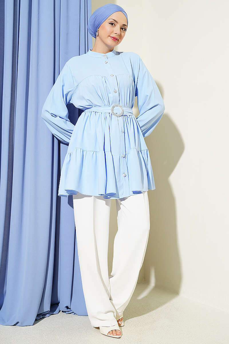 Tiered Shirt with Stone Belt Buckle - Blue