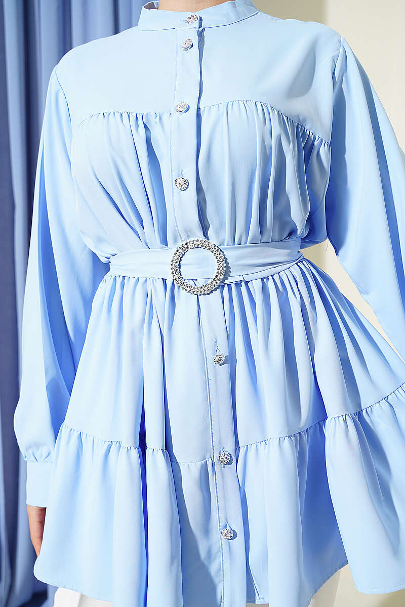 Tiered Shirt with Stone Belt Buckle - Blue