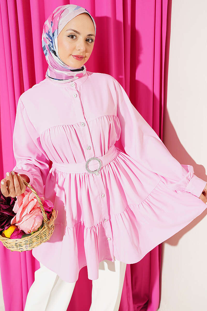 Tiered Shirt with Stone Belt Buckle - Pink