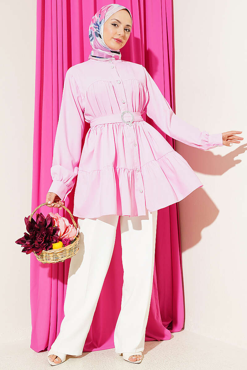 Tiered Shirt with Stone Belt Buckle - Pink