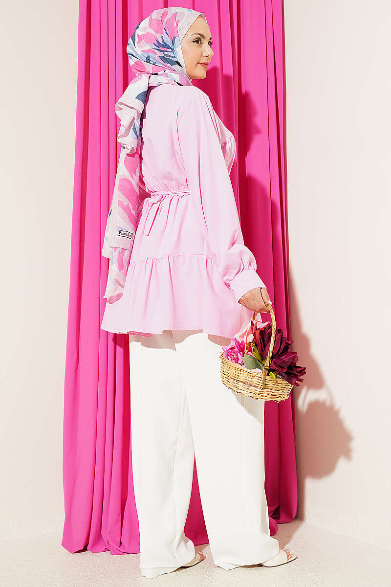 Tiered Shirt with Stone Belt Buckle - Pink
