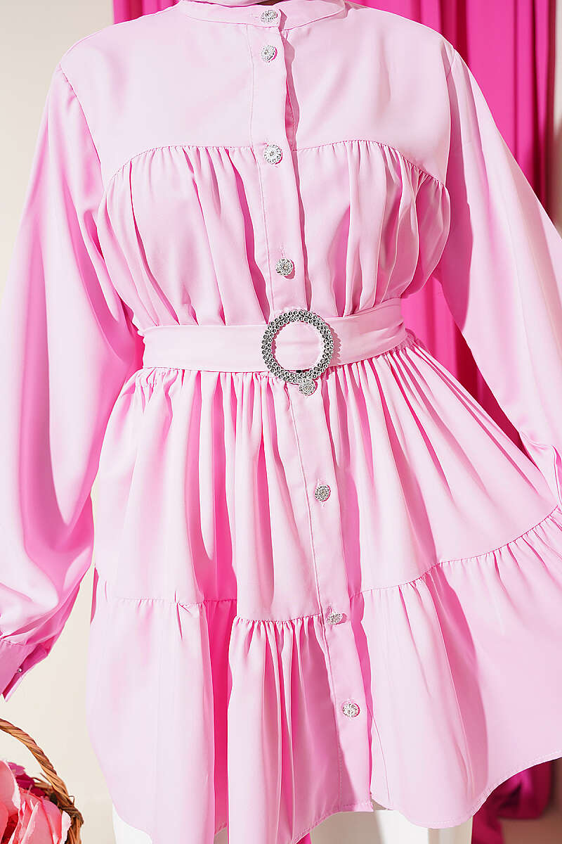 Tiered Shirt with Stone Belt Buckle - Pink