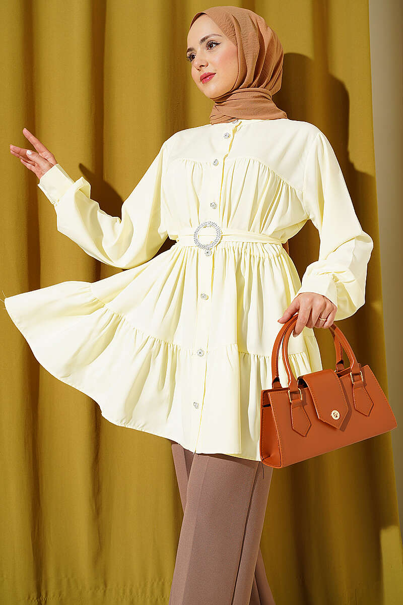 Tiered Shirt with Stone Belt Buckle - Yellow