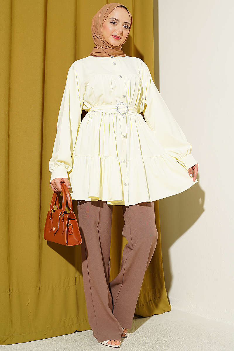 Tiered Shirt with Stone Belt Buckle - Yellow