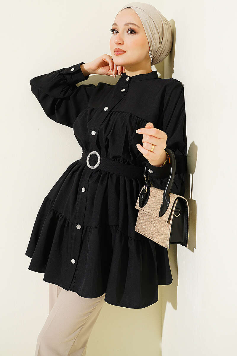 Tiered Shirt with Stone Belt Buckle - Black