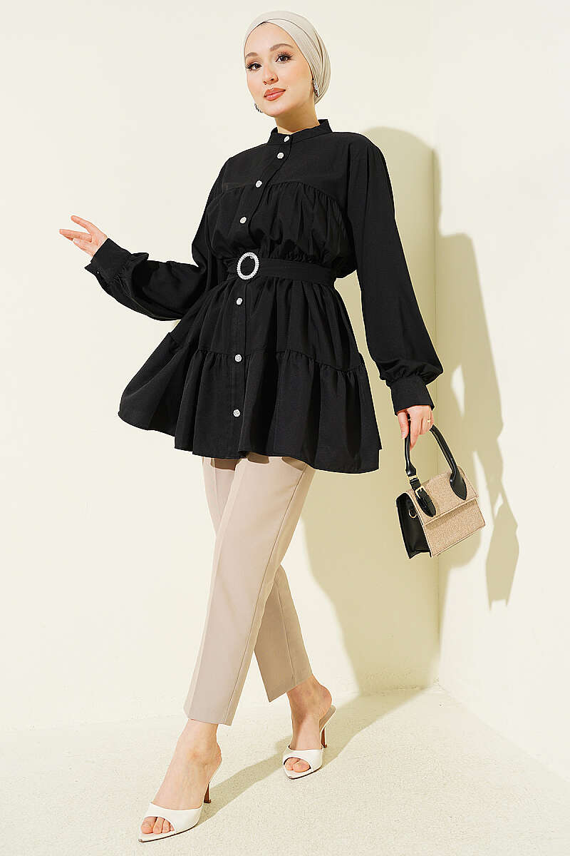 Tiered Shirt with Stone Belt Buckle - Black