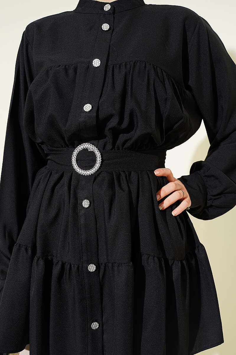 Tiered Shirt with Stone Belt Buckle - Black