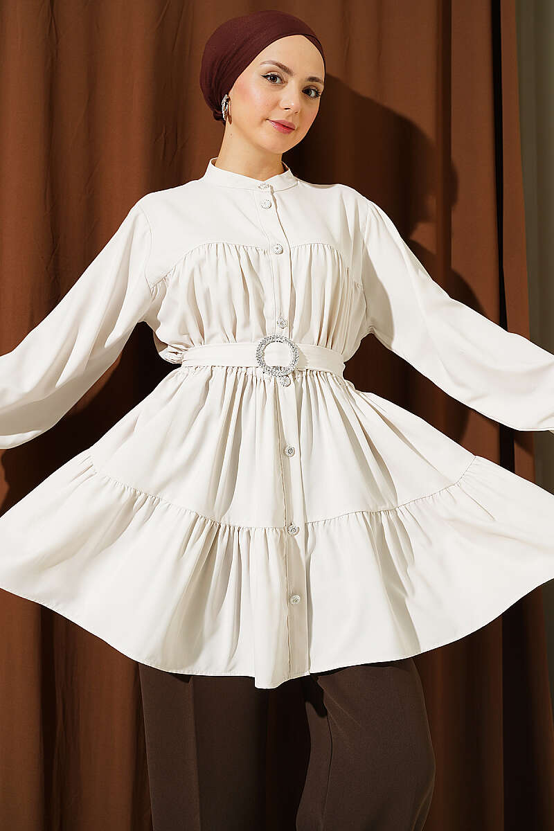 Tiered Shirt with Stone Belt Buckle - Stone