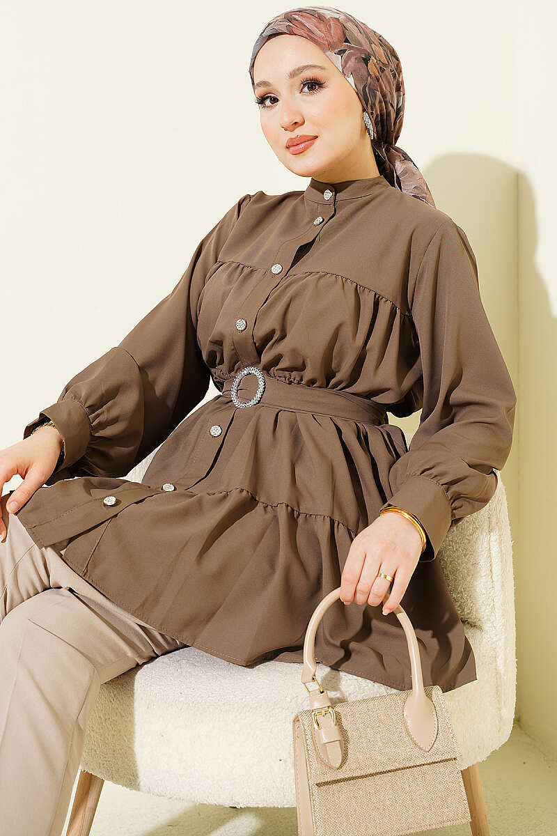 Tiered Shirt with Stone Belt Buckle - Mink