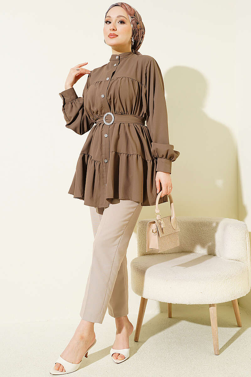 Tiered Shirt with Stone Belt Buckle - Mink