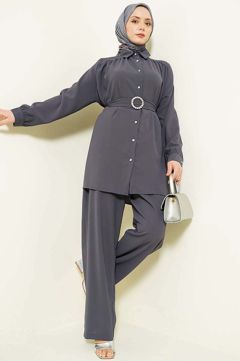 Belted Two-Piece Set with Stone Buckle - Smoke Grey