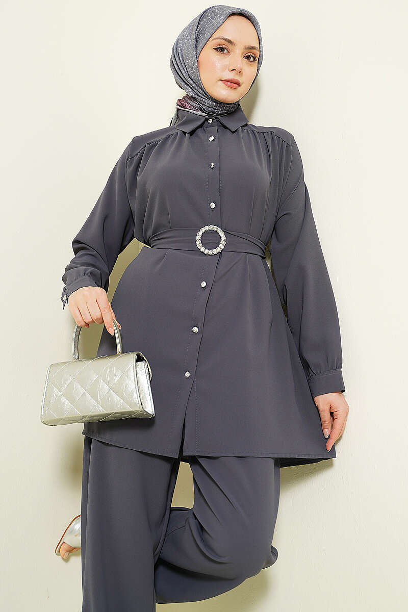 Belted Two-Piece Set with Stone Buckle - Smoke Grey