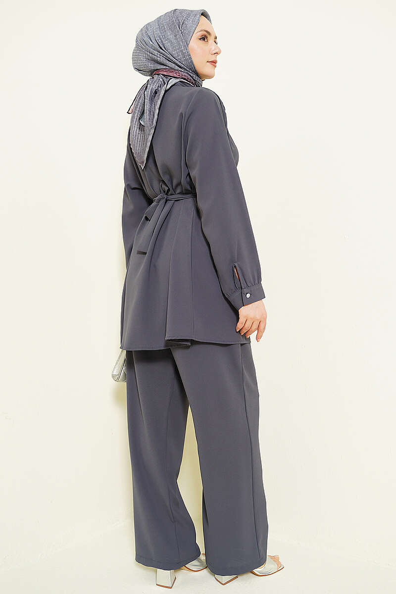 Belted Two-Piece Set with Stone Buckle - Smoke Grey