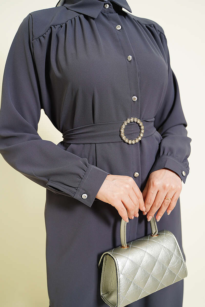 Belted Two-Piece Set with Stone Buckle - Smoke Grey