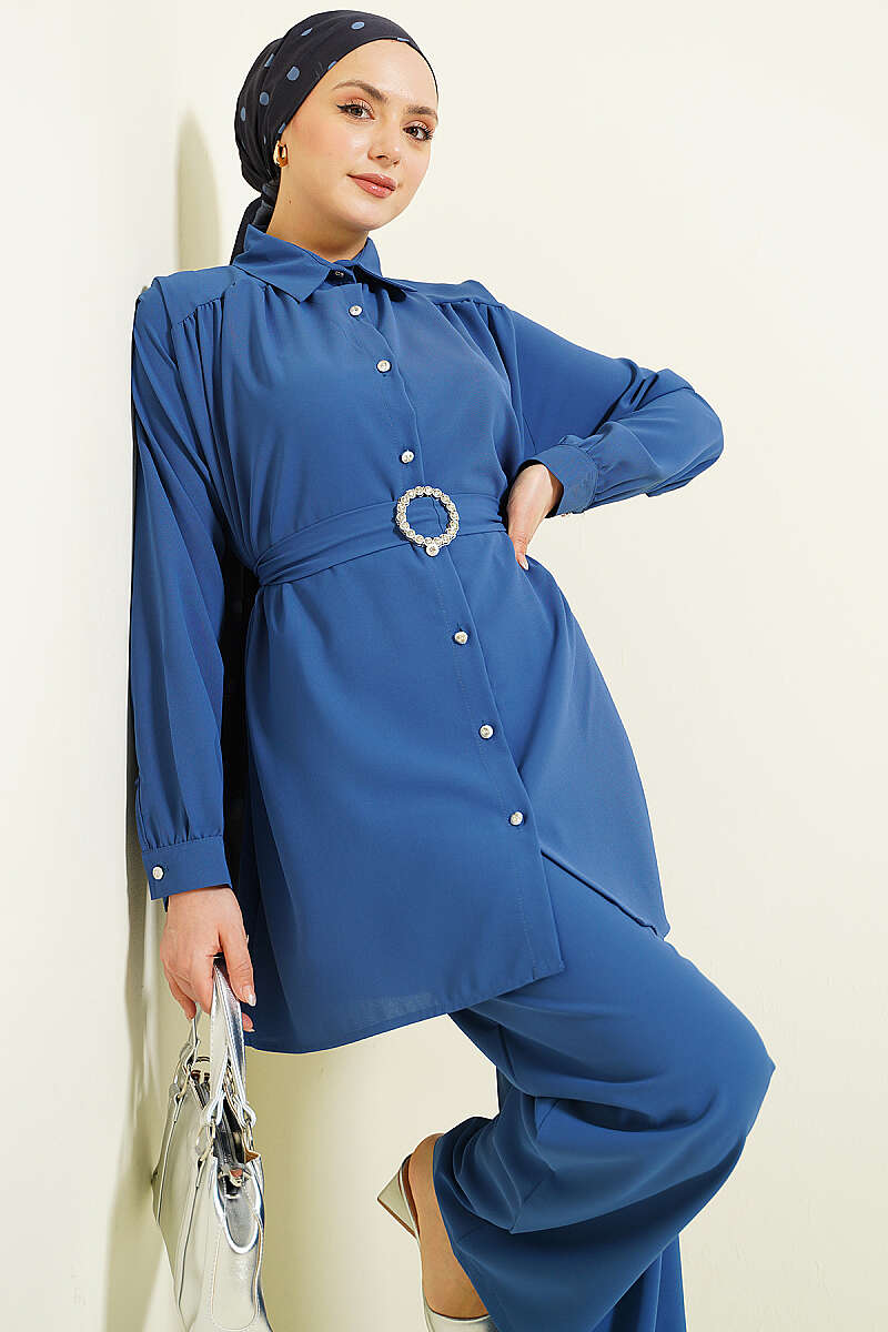 Belted Two-Piece Set with Stone Buckle - Indigo