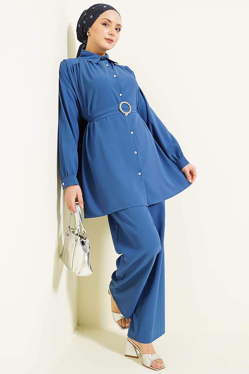 Belted Two-Piece Set with Stone Buckle - Indigo