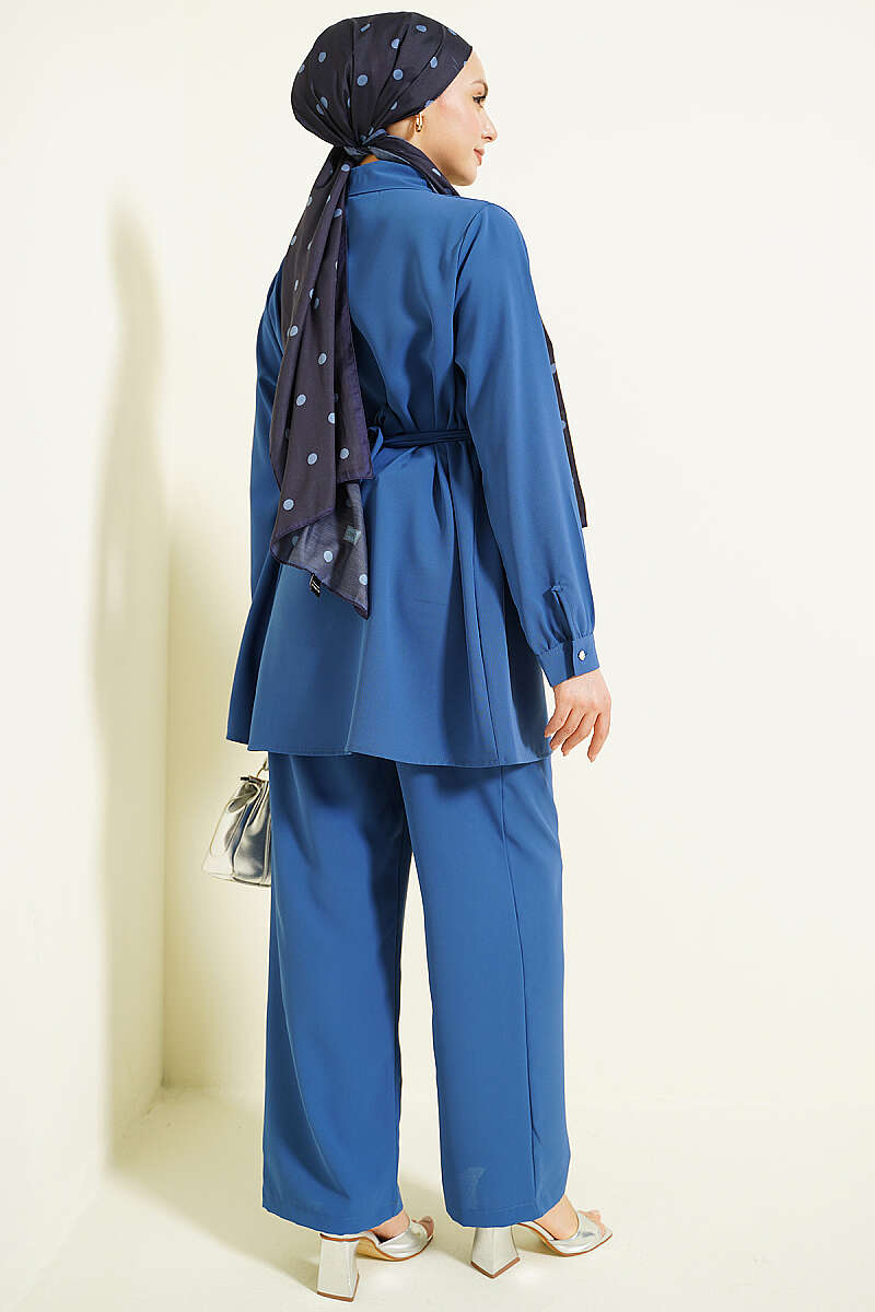 Belted Two-Piece Set with Stone Buckle - Indigo