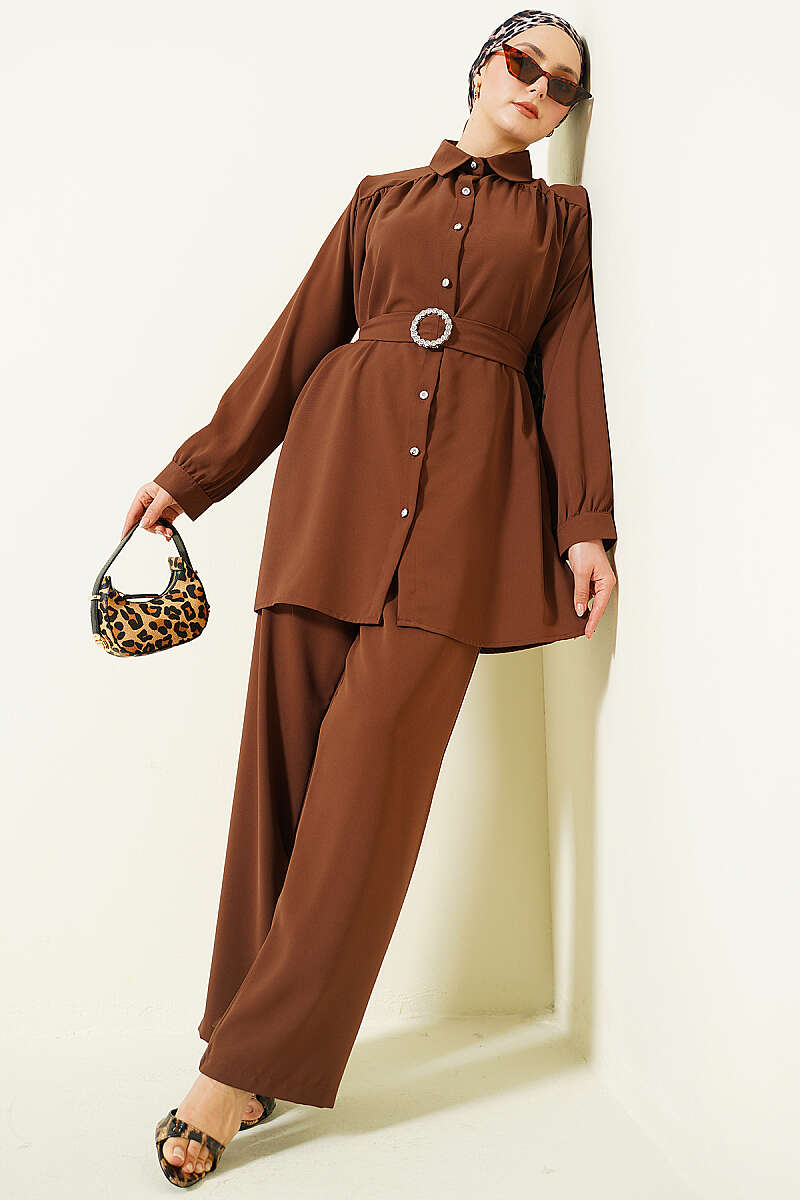 Belted Two-Piece Set with Stone Buckle - Brown