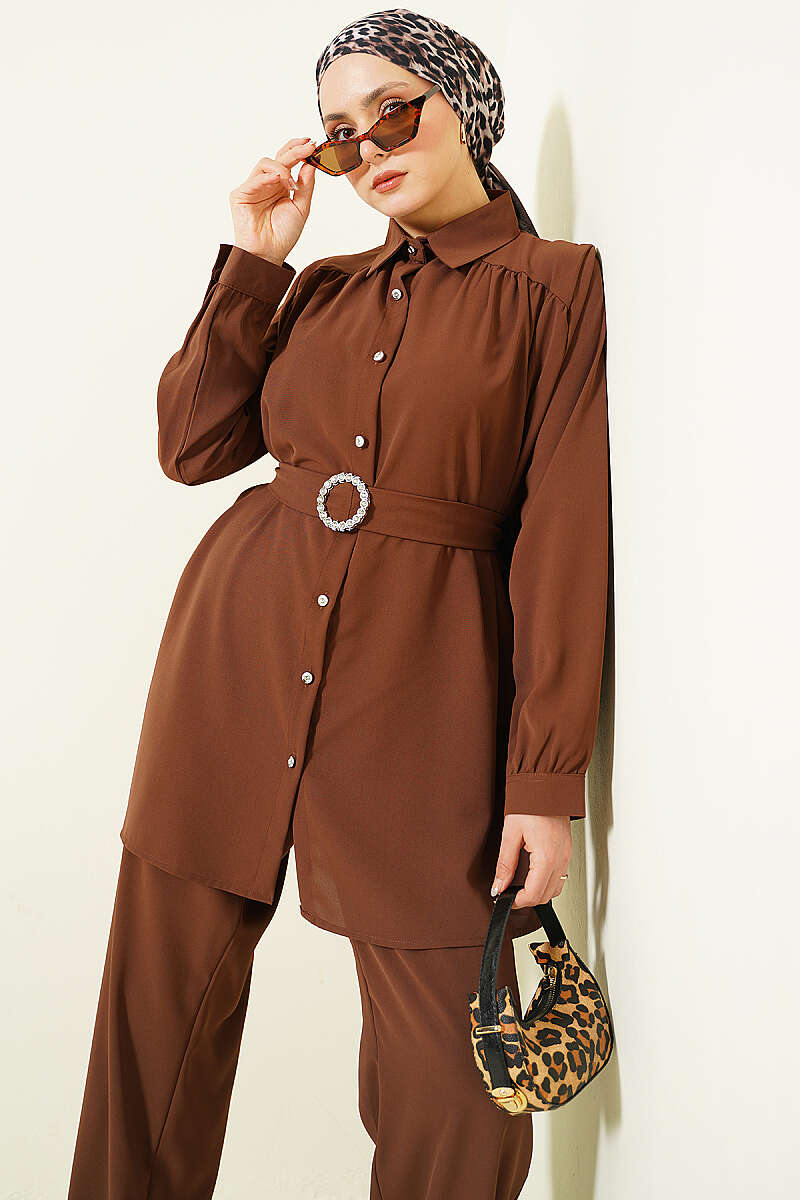 Belted Two-Piece Set with Stone Buckle - Brown