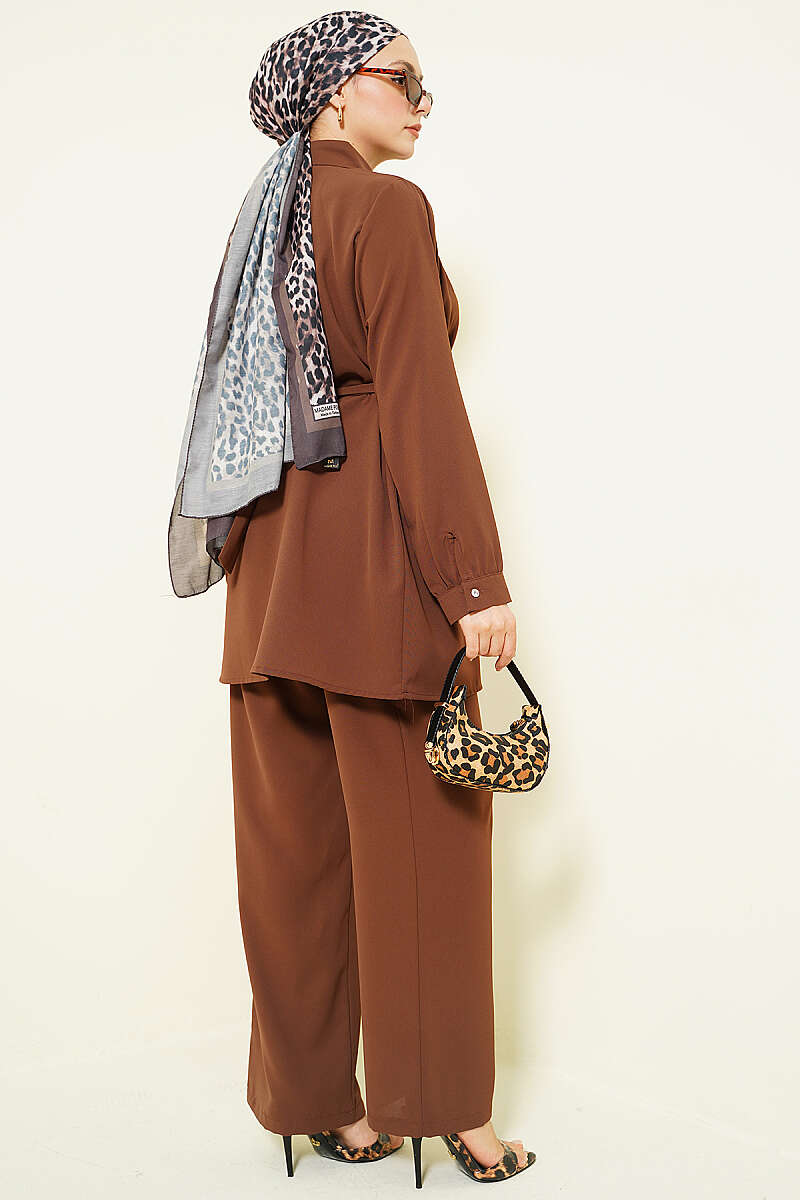Belted Two-Piece Set with Stone Buckle - Brown