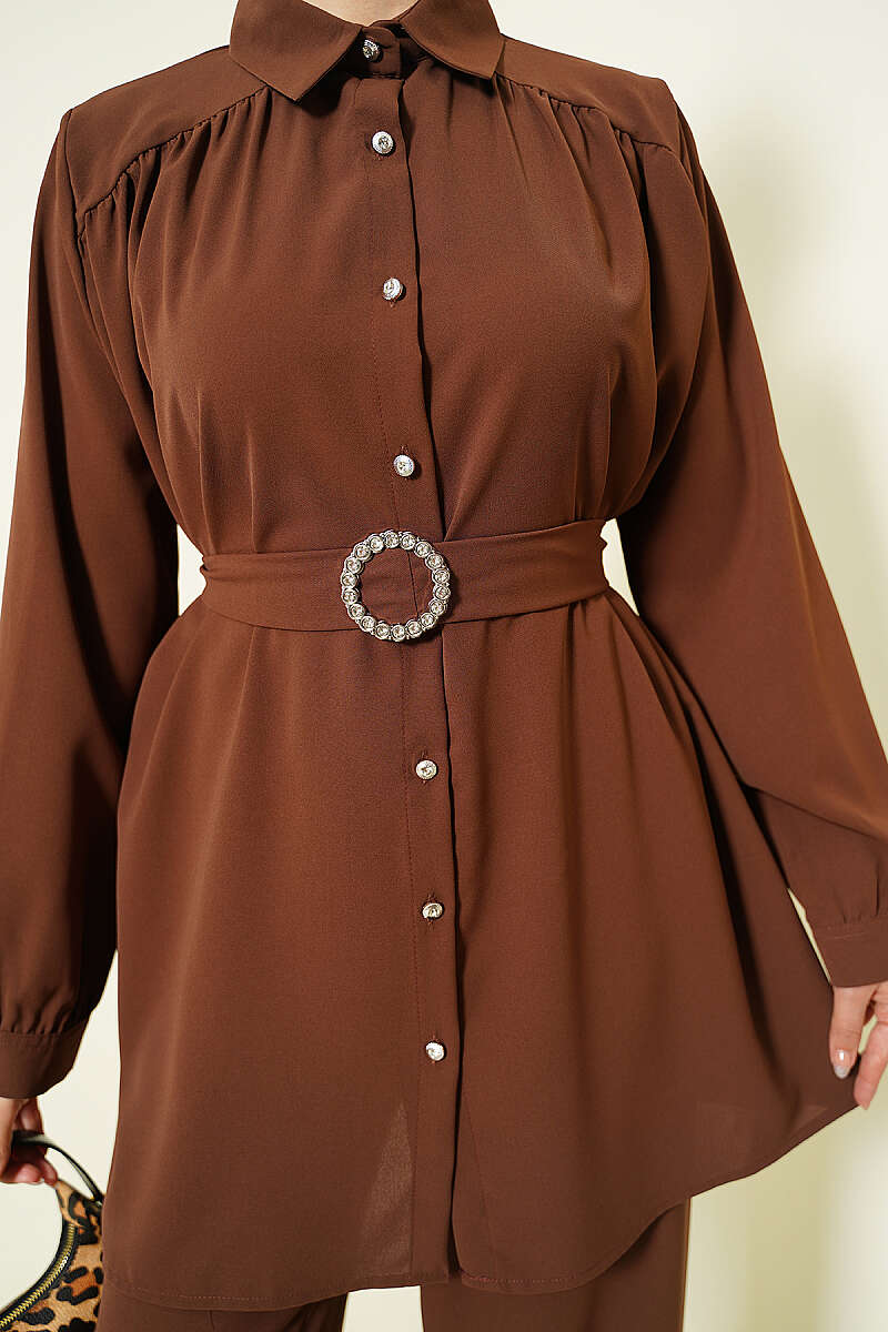 Belted Two-Piece Set with Stone Buckle - Brown
