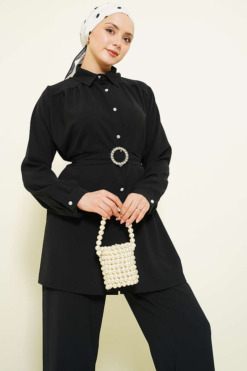 Belted Two-Piece Set with Stone Buckle - Black