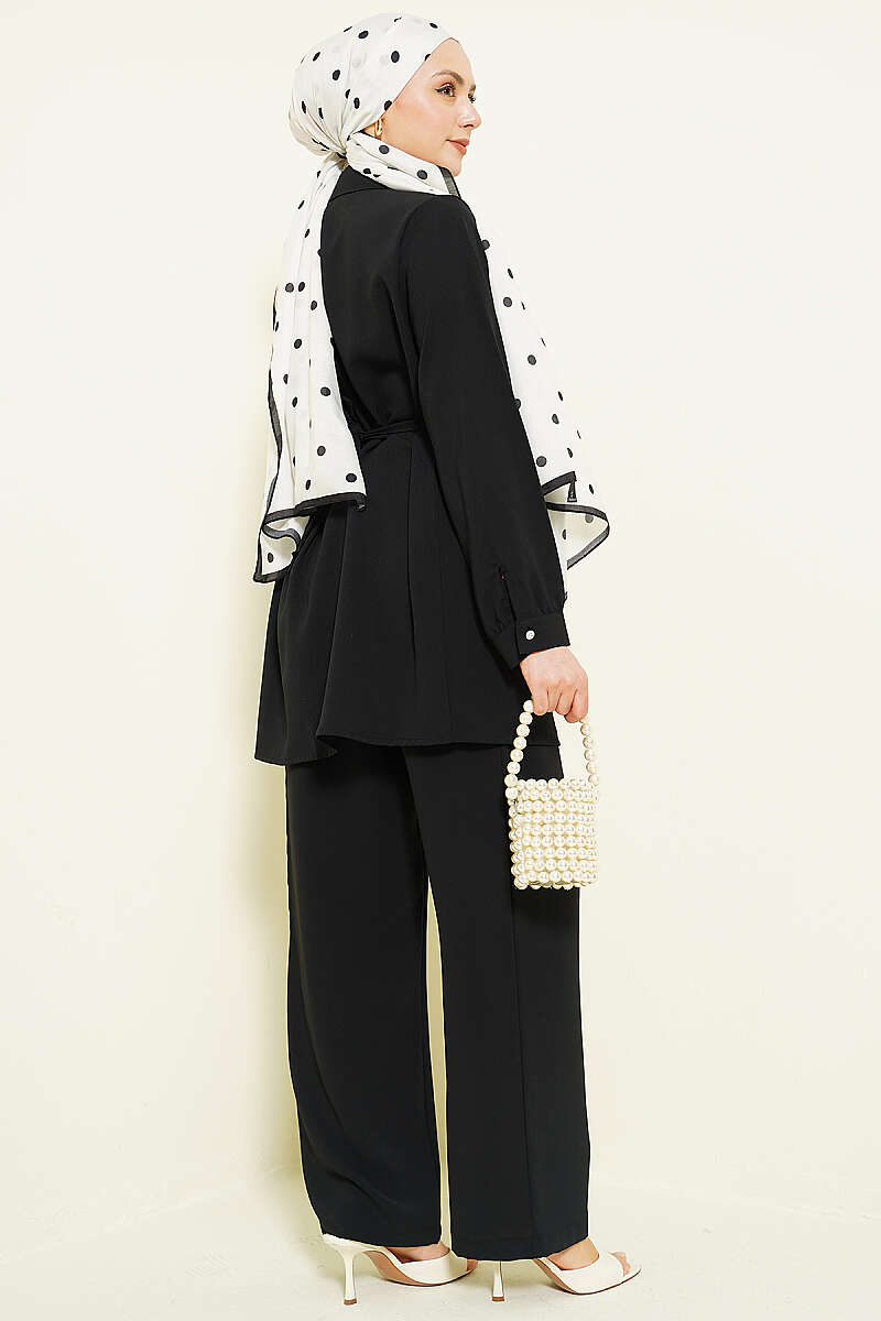 Belted Two-Piece Set with Stone Buckle - Black